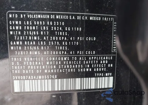 2018 Volkswagen Tiguan 2.0T S из США, поврежденный, VIN 3VV0B7AX4JM055758